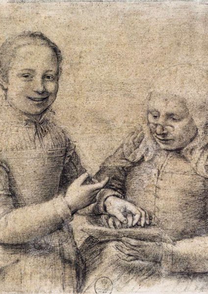 Sofonisba Anguissola, Vieille femme étudiant l'alphabet avec une fillette, années 1550, Florence, Offices.