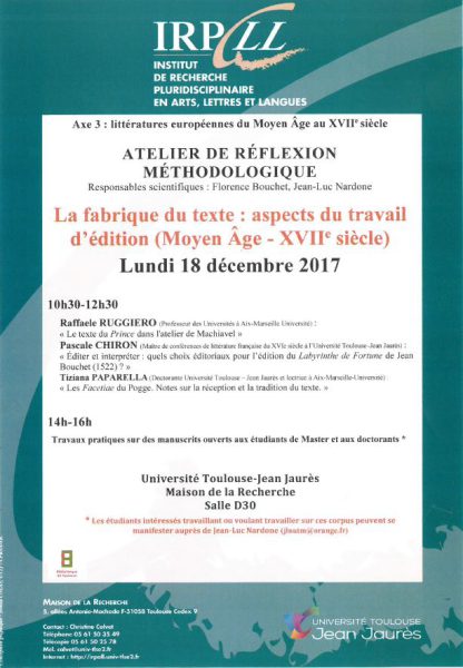 La fabrique du texte : aspects du travail d'édition (Moyen Âge - XVII° siècle)