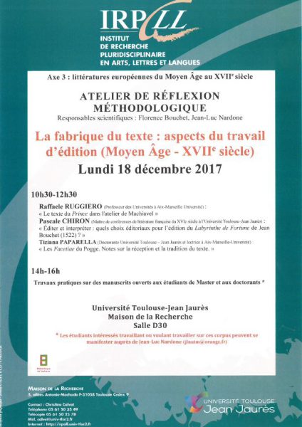 La fabrique du texte : aspects du travail d&rsquo;édition (Moyen Âge – XVII° siècle)