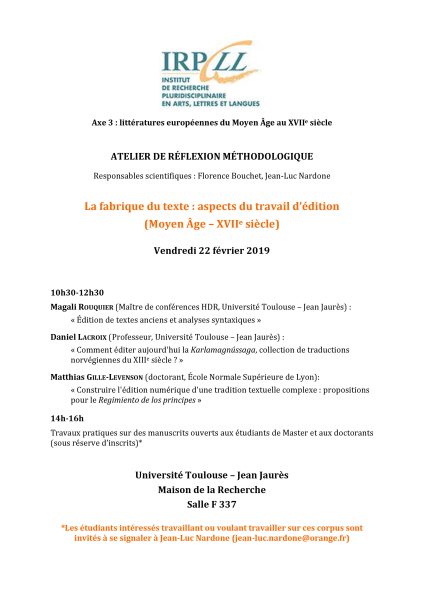 La fabrique du texte : aspects du travail d&rsquo;édition (Moyen Âge – XVII° siècle)